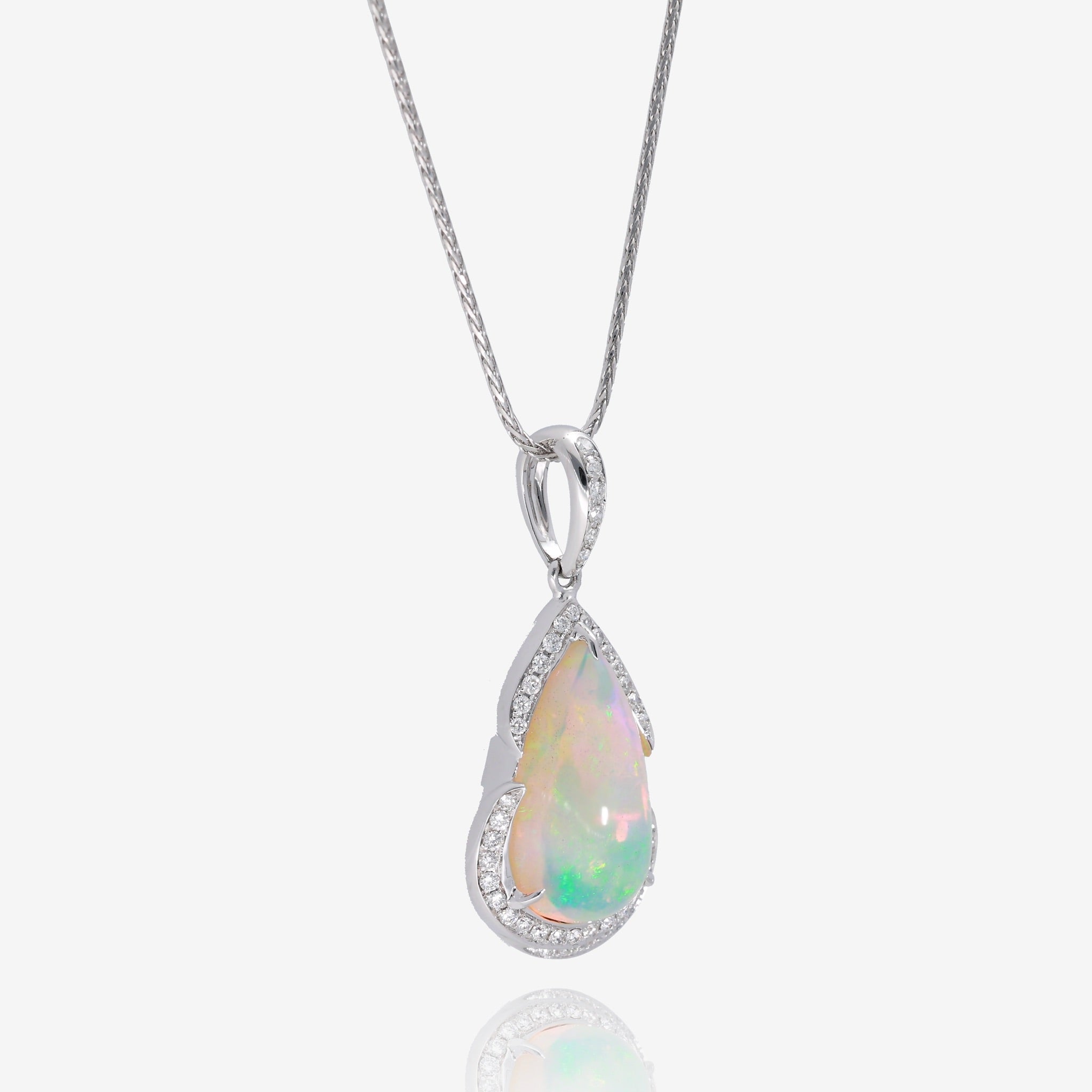 Moonlit Fire: 14K White Gold Opal and Diamond Pendant