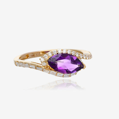 14K Yellow Golden Halo Marquise Amethyst Ring and Diamond Accent