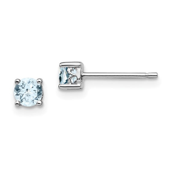 Silver 4mm Round Aquamarine March Birthstone Ear Studs