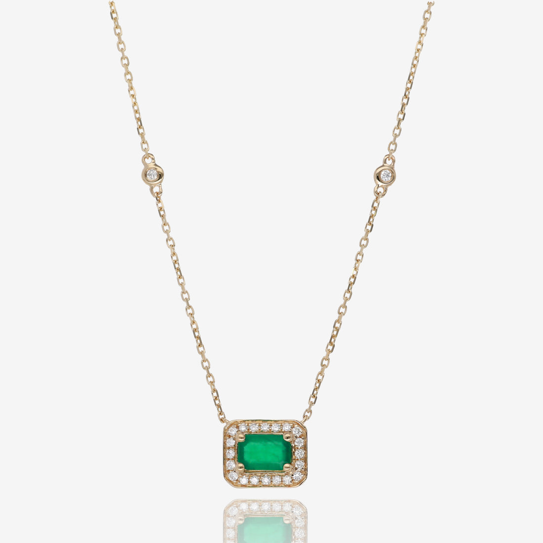 Natural Emerald and Diamond Modern Halo Pendant in 14K Yellow Gold