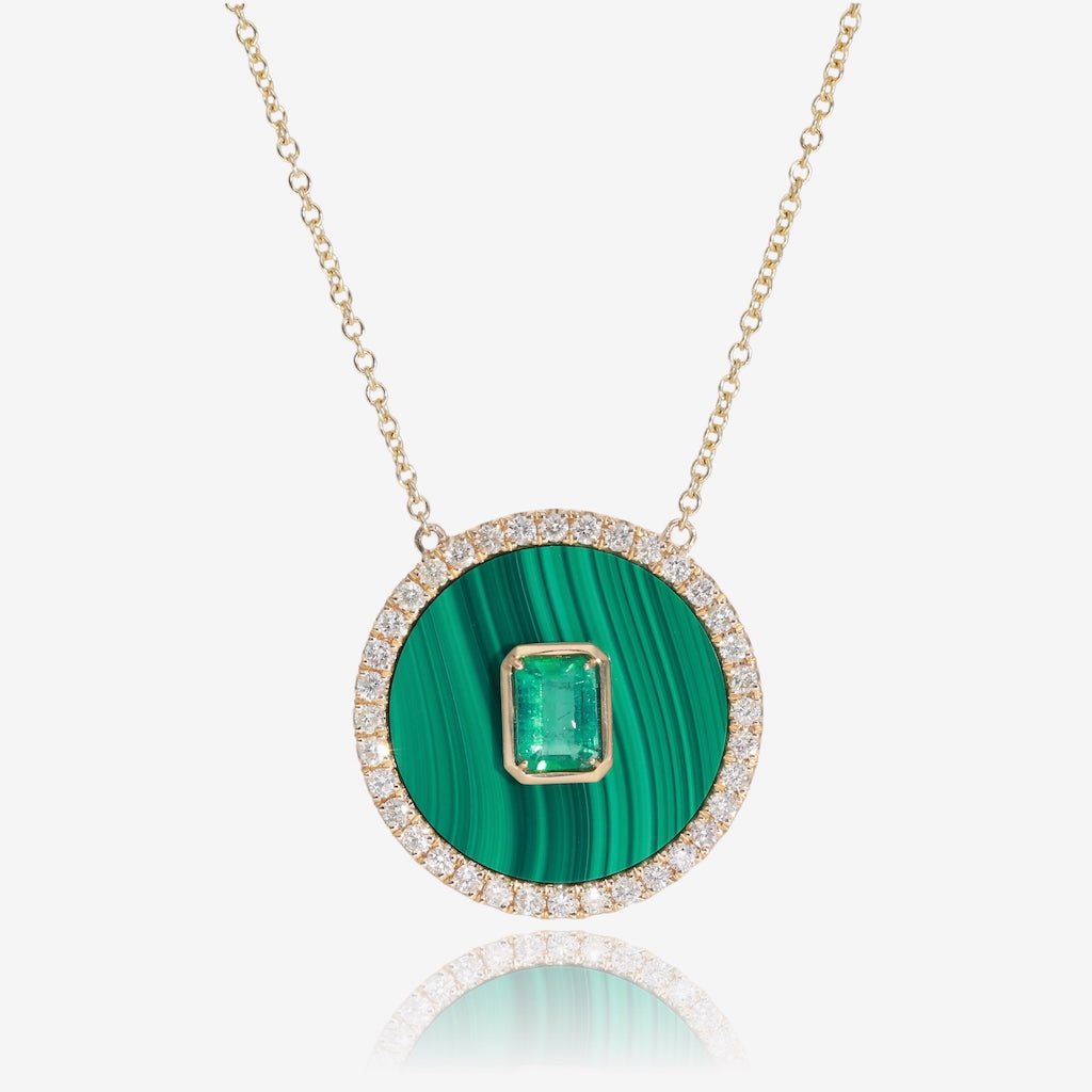 Malachite and Emerald Diamond Halo Golden Necklace