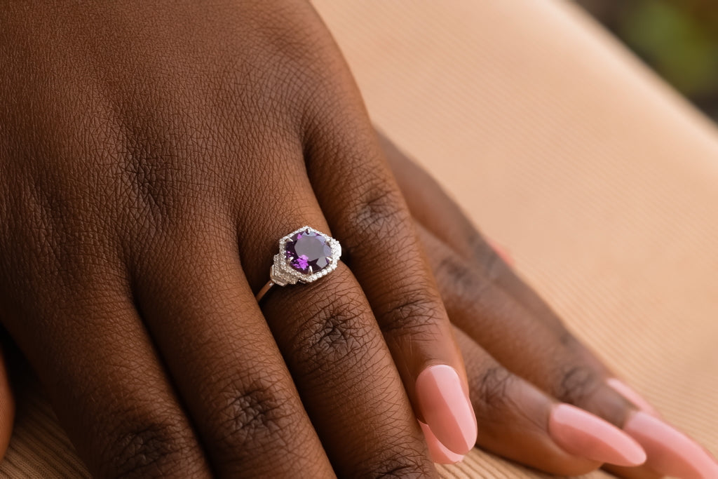 Art Deco Hexagon Amethyst Diamond Accented Ring