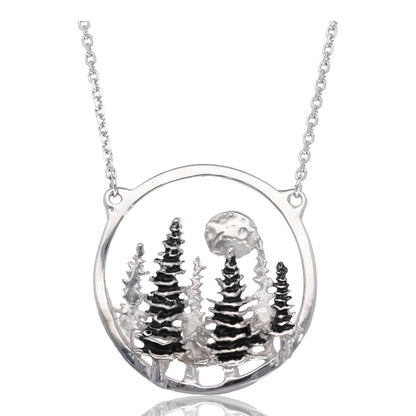 Silver Split Chain Necklace, Pine Moon Landscape Antique Finish