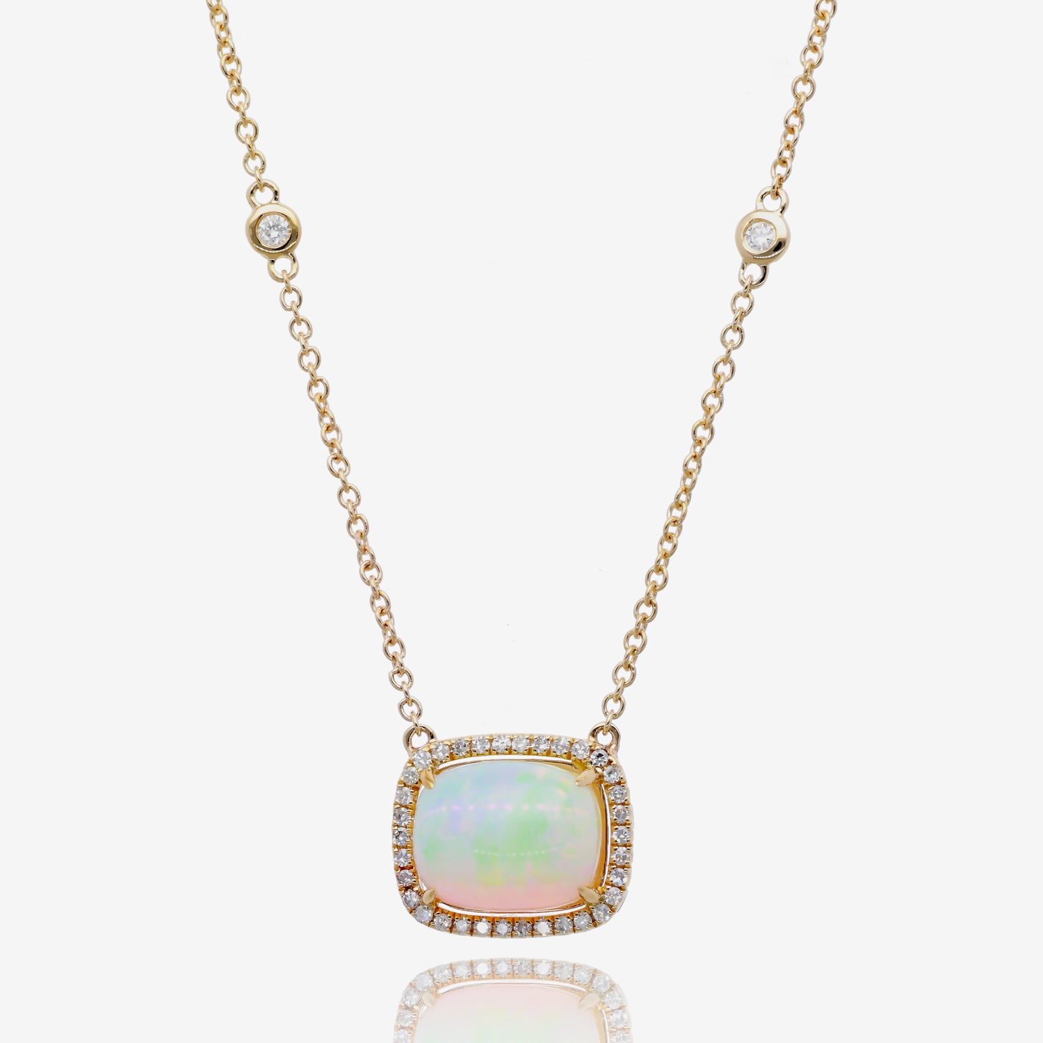 Opal Cushion Halo Pendant in 14K Yellow Gold