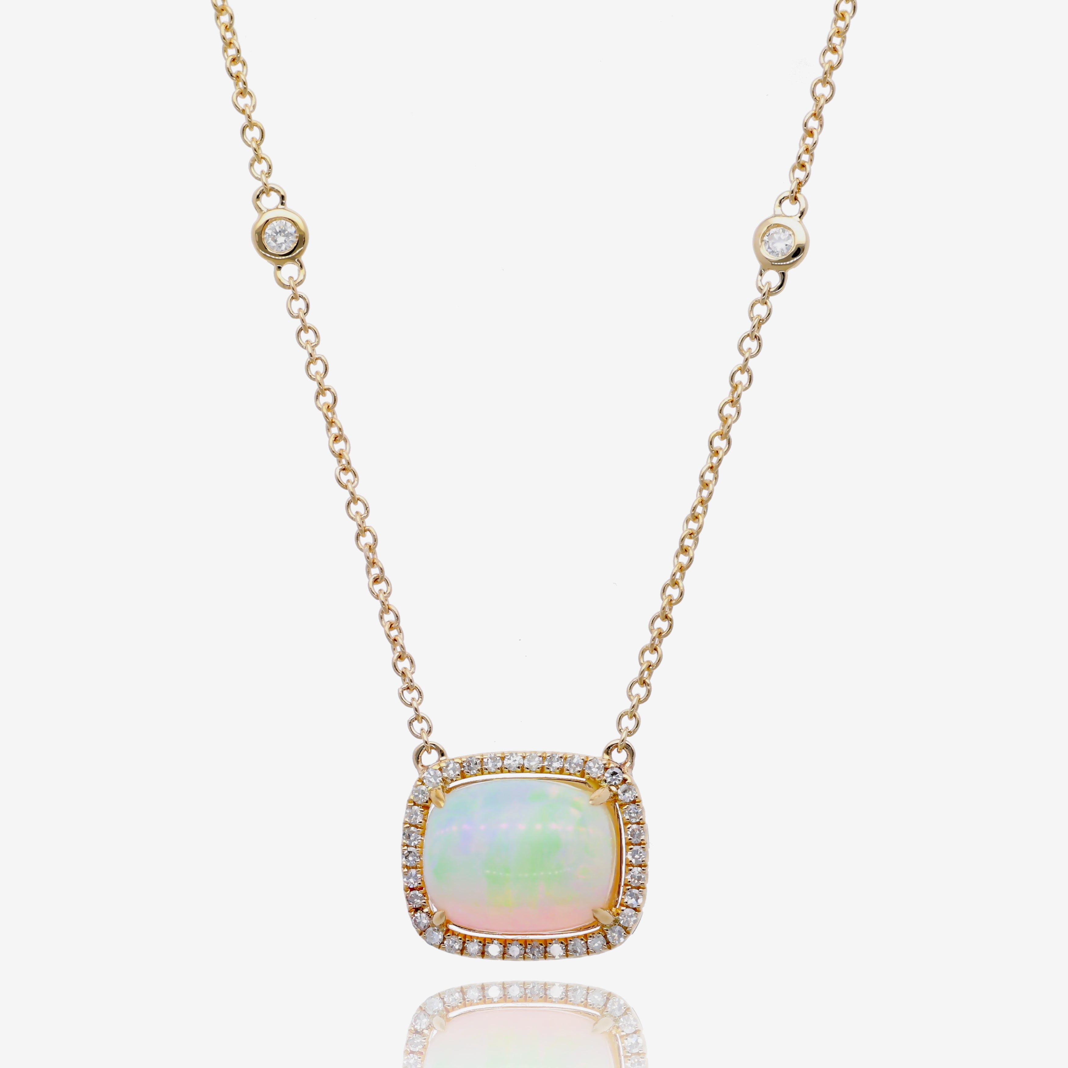 Opal Cushion Halo Pendant in 14K Yellow Gold