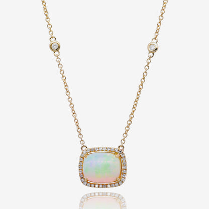 Opal Cushion Halo Pendant in 14K Yellow Gold