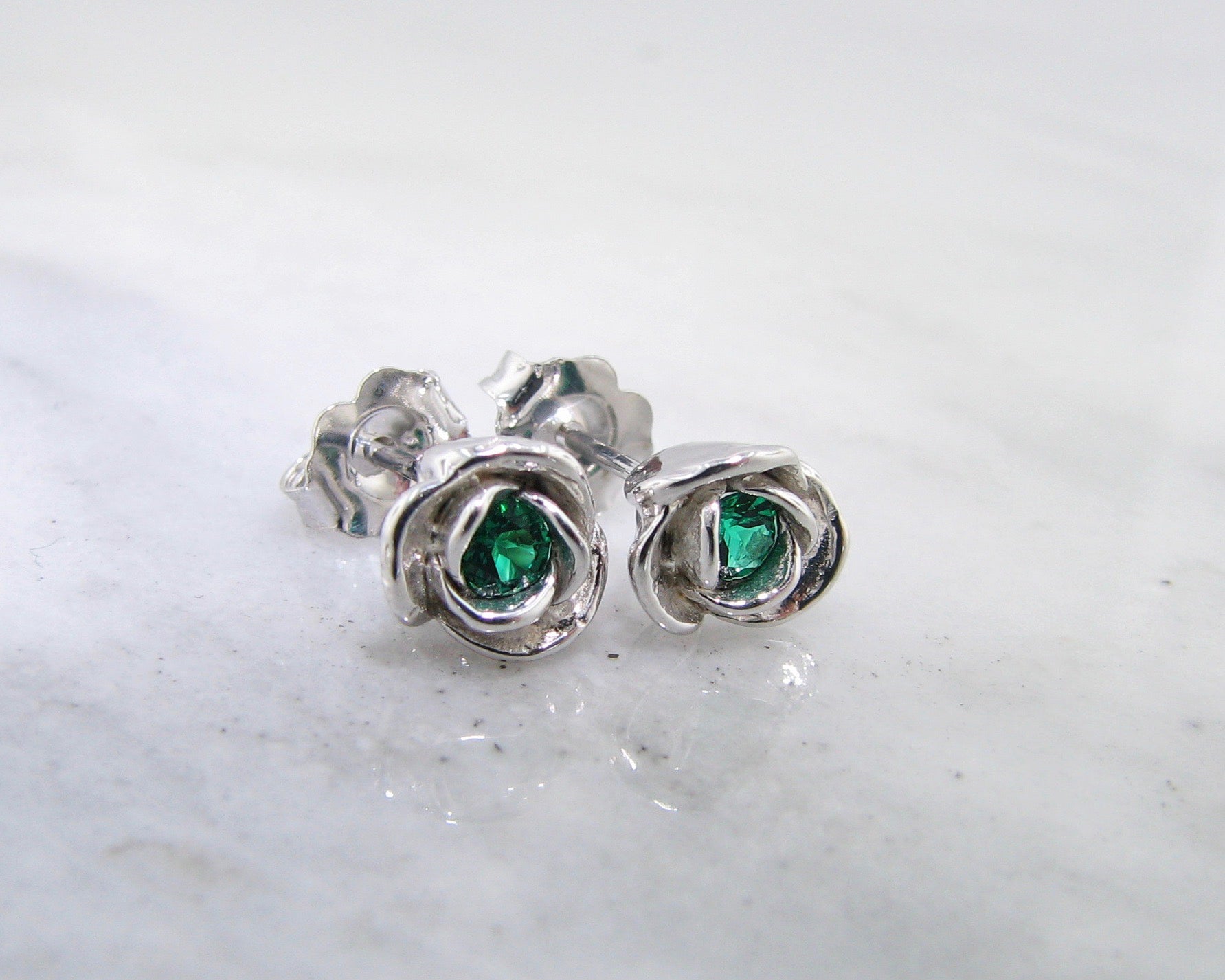 Silver Petite Rosebud Earring Studs Lab Emerald