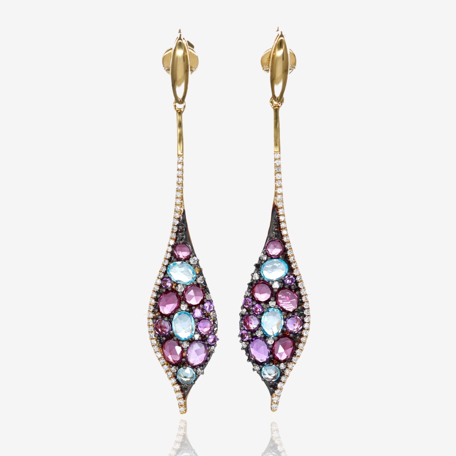 Aurora Bloom: 14K Yellow Gold Earrings with Multi-Gemstone Mosaic