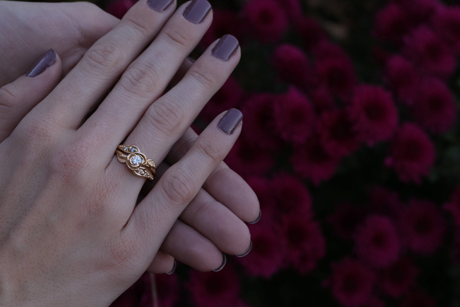 Diamond Yellow Gold Wedding Ring Set, Prize Tea Rose