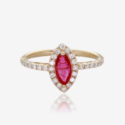 Marquise Ruby and Diamond Halo Ring in 14K Yellow Gold