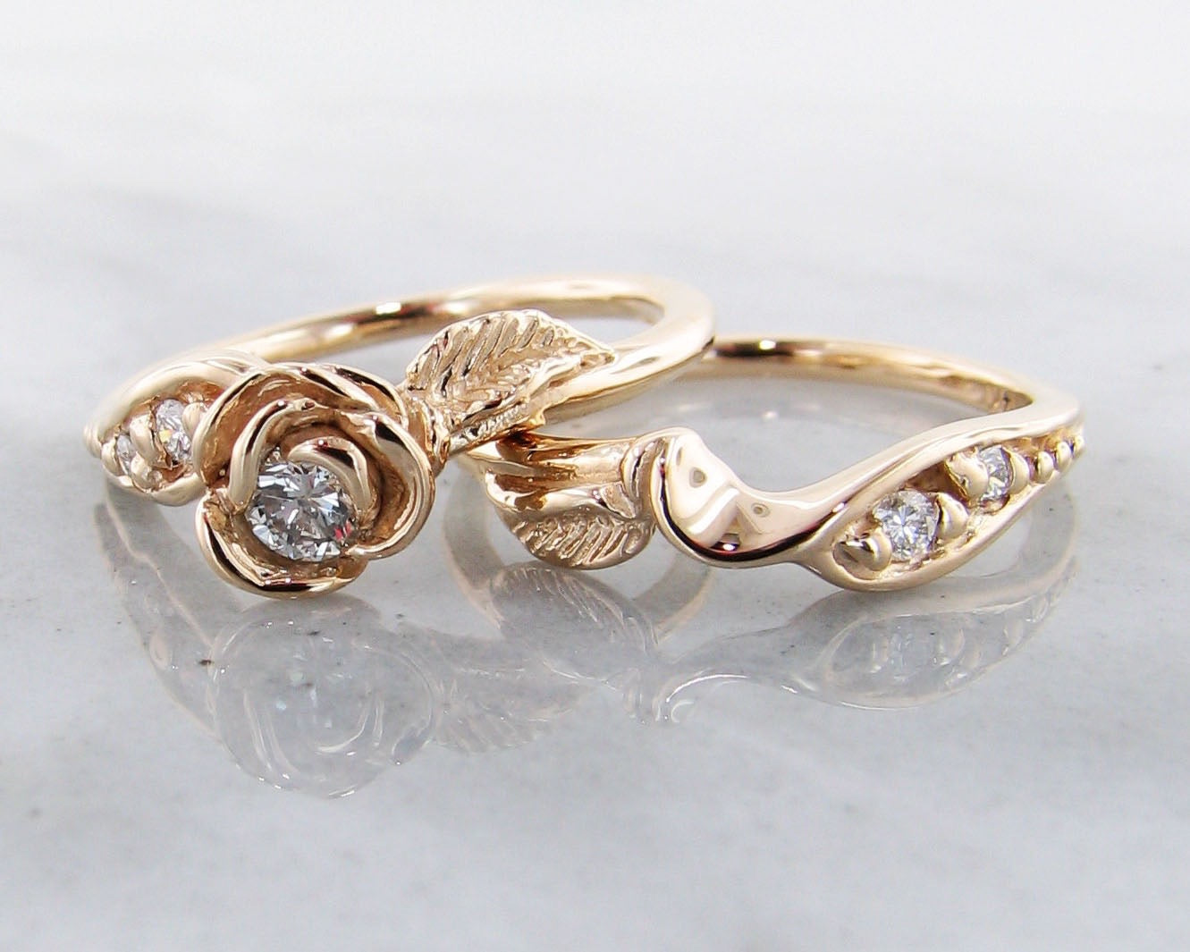 Diamond Yellow Gold Wedding Ring Set, Prize Tea Rose