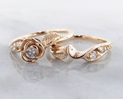 Diamond Yellow Gold Wedding Ring Set, Prize Tea Rose