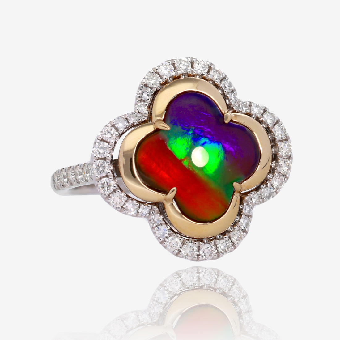 Two Tone Gold Iridescent Clover Amolite Diamond Ring