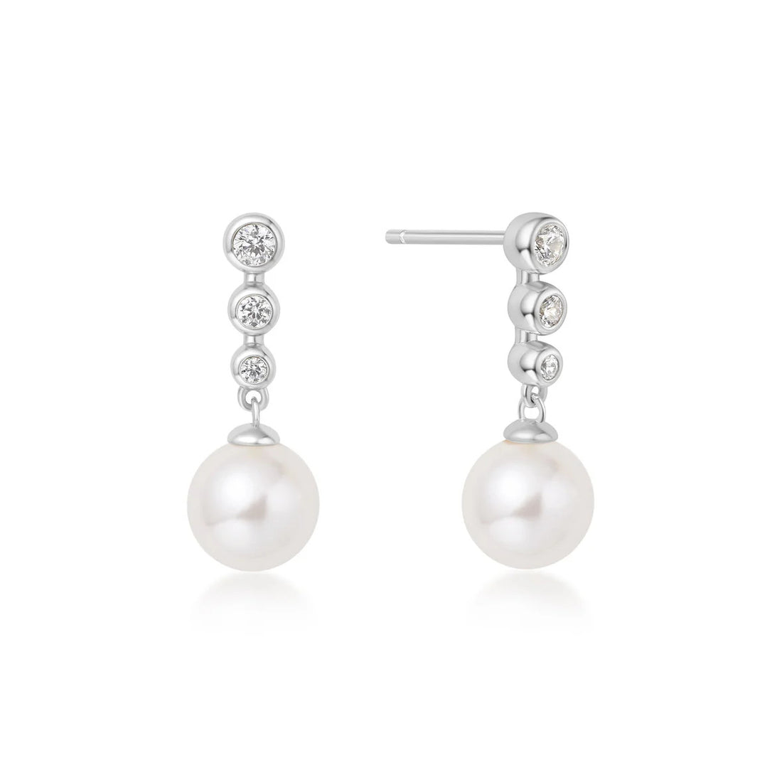 Silver Tennis Beaded Stone Pearl Drop Stud Earrings