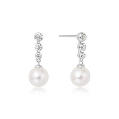 Silver Tennis Beaded Stone Pearl Drop Stud Earrings