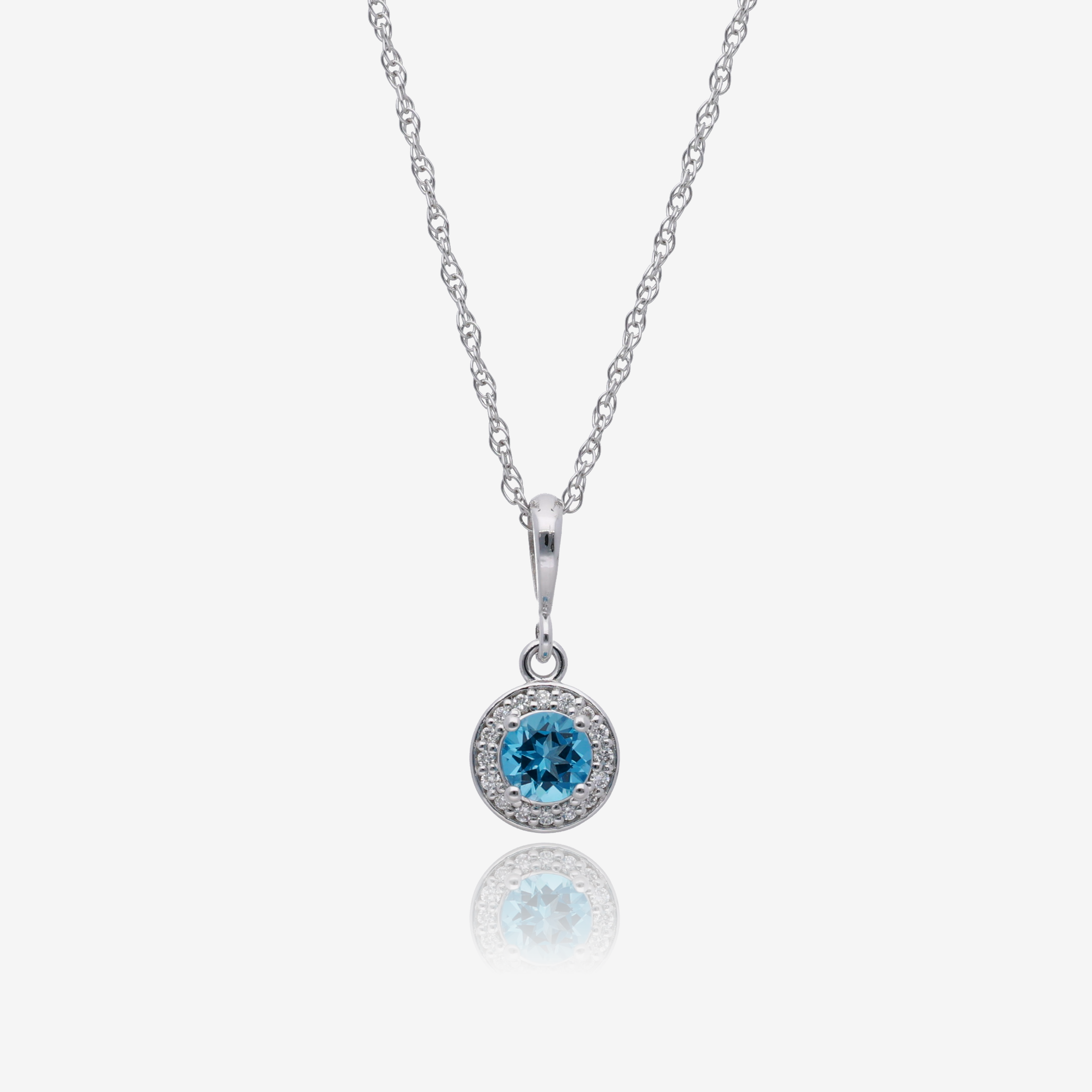 Sky Blue Topaz and Lab Grown Diamond Halo Pendant in 14K White Gold