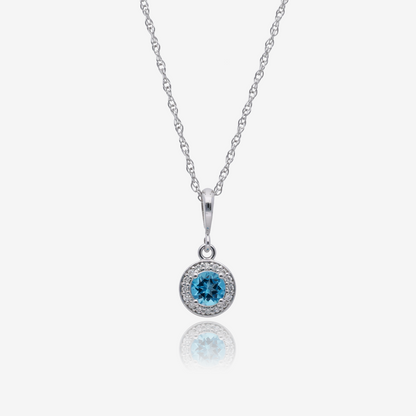 Sky Blue Topaz and Lab Grown Diamond Halo Pendant in 14K White Gold