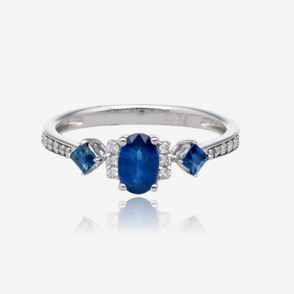 Oval and Square Natural Sapphire Ring with Diamond Accents in 14K White Gold