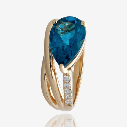 Pear Shaped London Blue Topaz and Diamond Multi Band Ring in 14K Yellow Gold