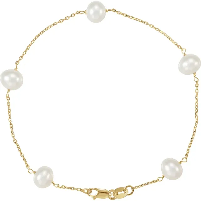 14K Yellow Cultured White Freshwater Pearl 5-Station 7" Bracelet