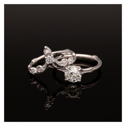 Fiddlehead Fern and Orchid Platinum Wedding Set 1 Carat Old Mine Cut Antique Diamond