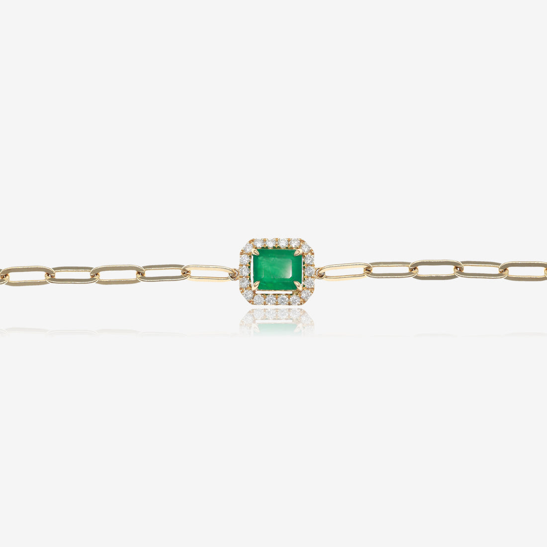 Emerald East West Halo Station Paperclip Link Gold Bracelet