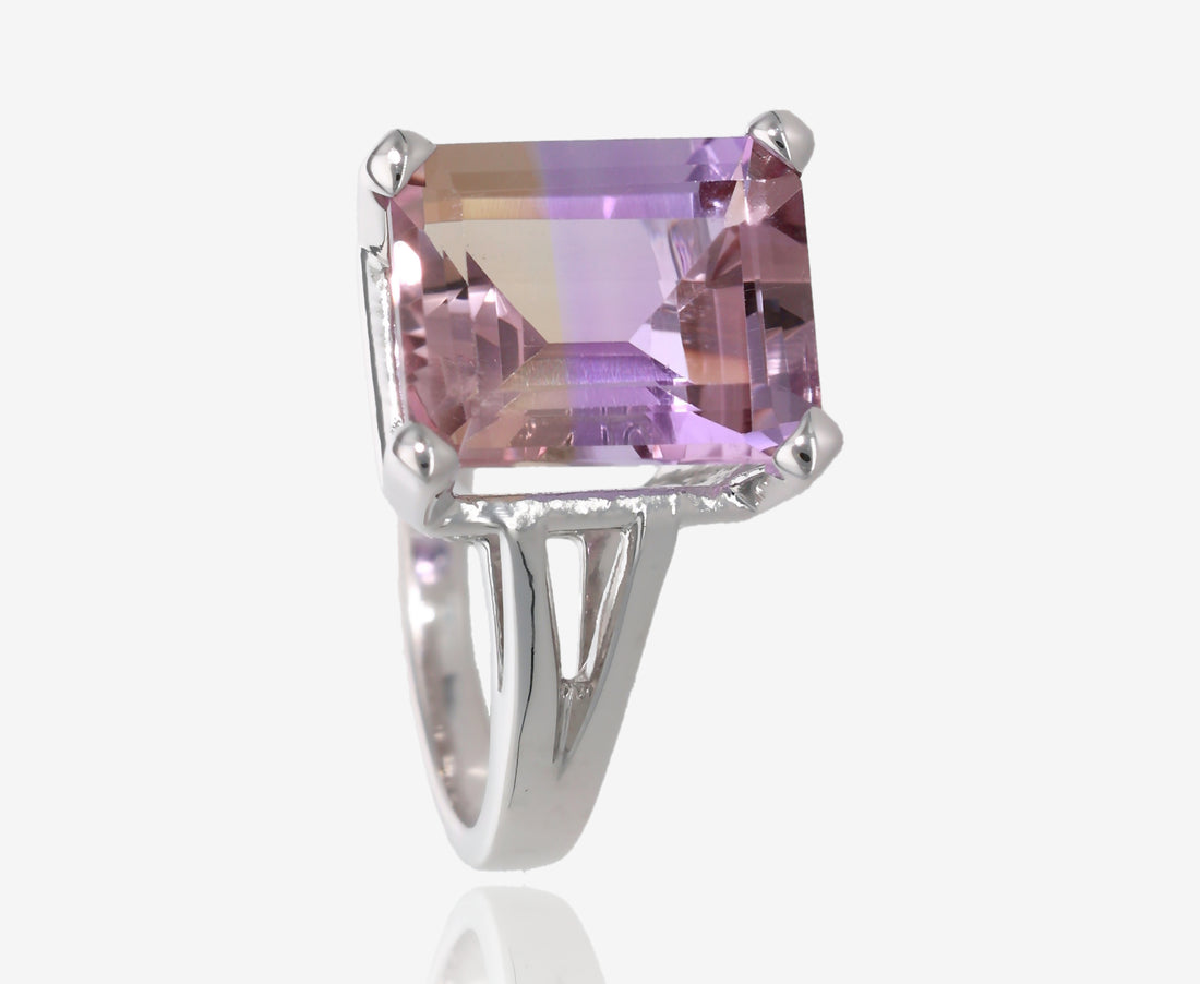 Ametrine Emerald Cut Cathedral Split Ring in Sterling Silver
