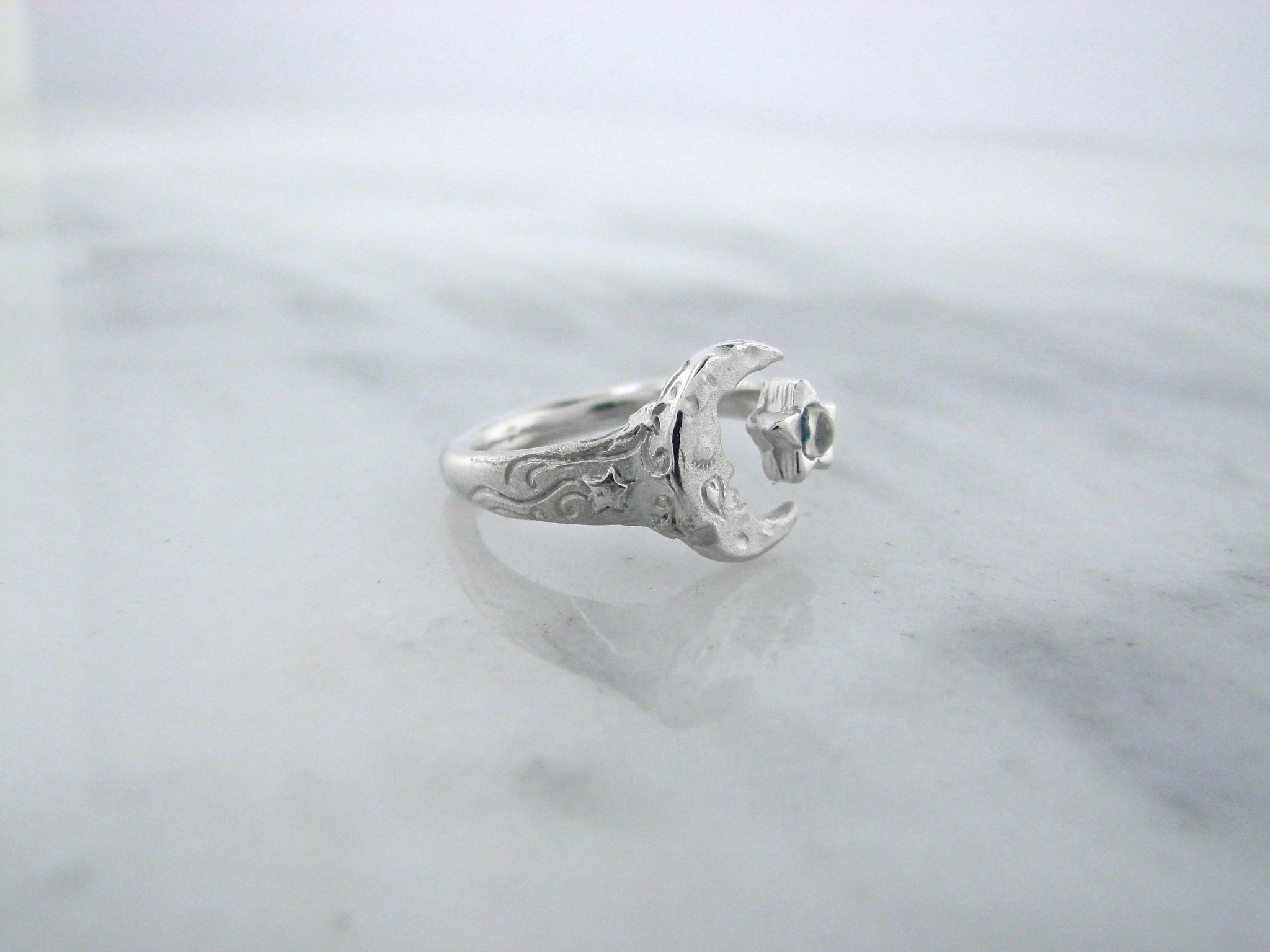 Moonstone Silver Ring, Celestial Moon Star