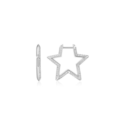 Silver Star-Shaped Pavé Hoop Earrings