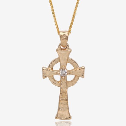 Ancient Celtic Cross Pendant 14k Yellow Gold with Diamond
