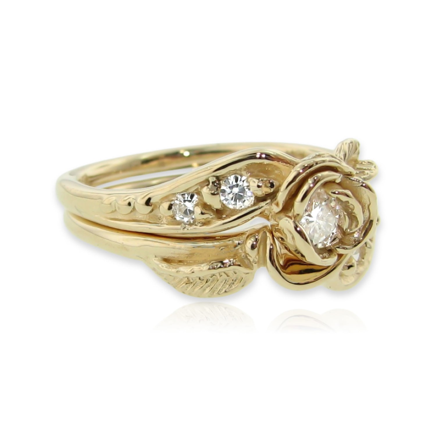Prize Tea Rose Wedding Ring Set Lab Diamond in Yellow Gold
