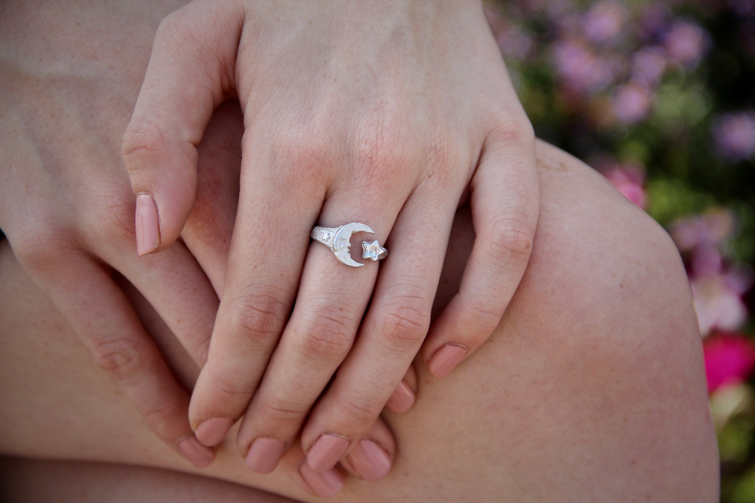 Moonstone Silver Ring, Celestial Moon Star