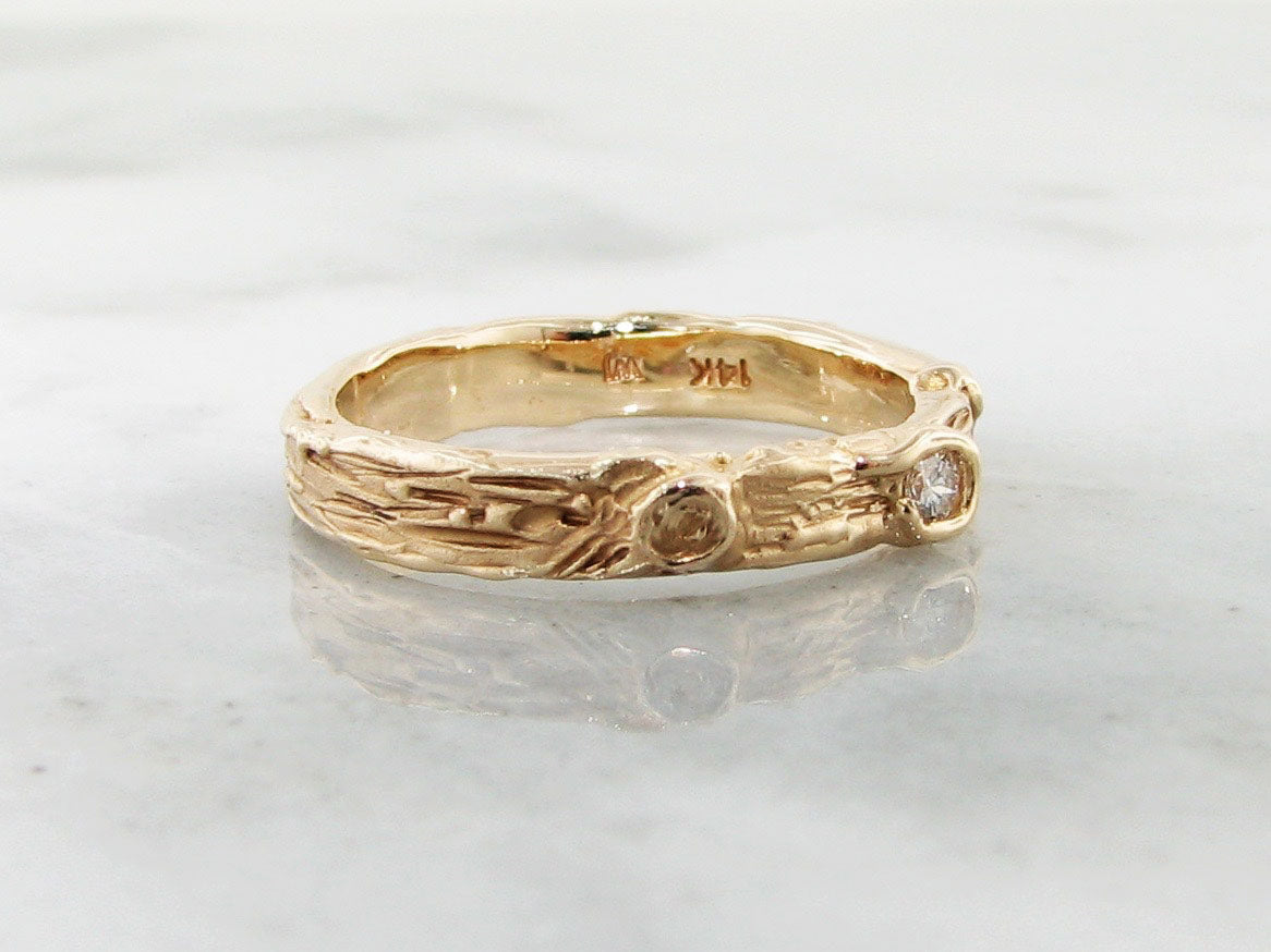 Birch and Diamond Band 14k Yellow Gold Low Profile