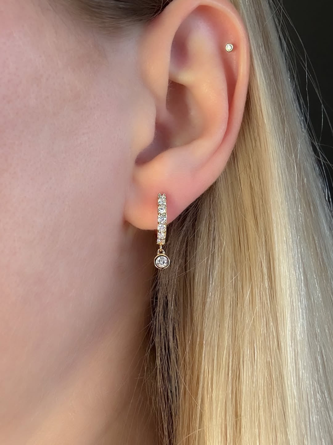 Drop of Diamond Bezel Dangle Hoops
