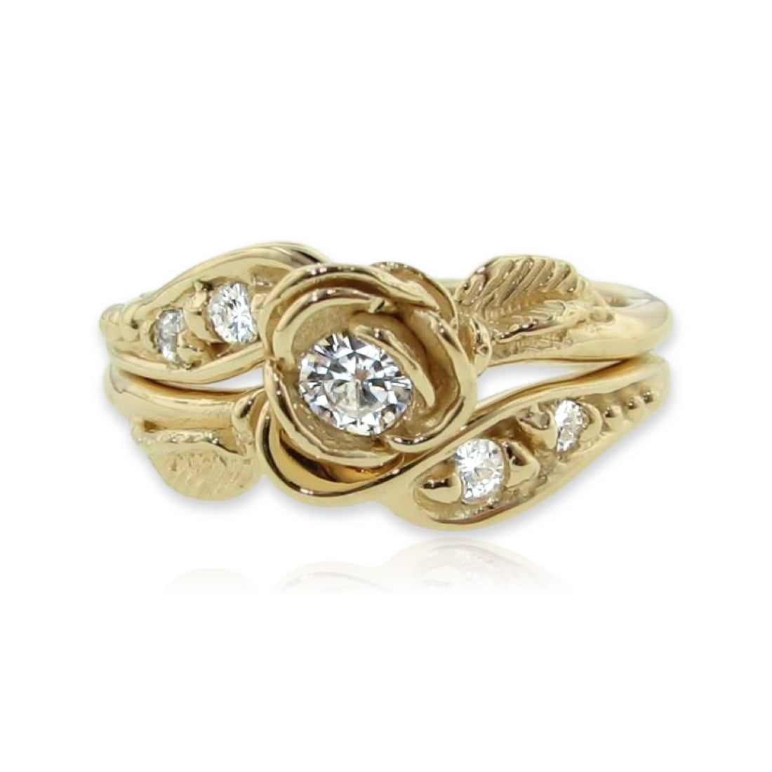 Prize Tea Rose Wedding Ring Set Lab Diamond in Yellow Gold