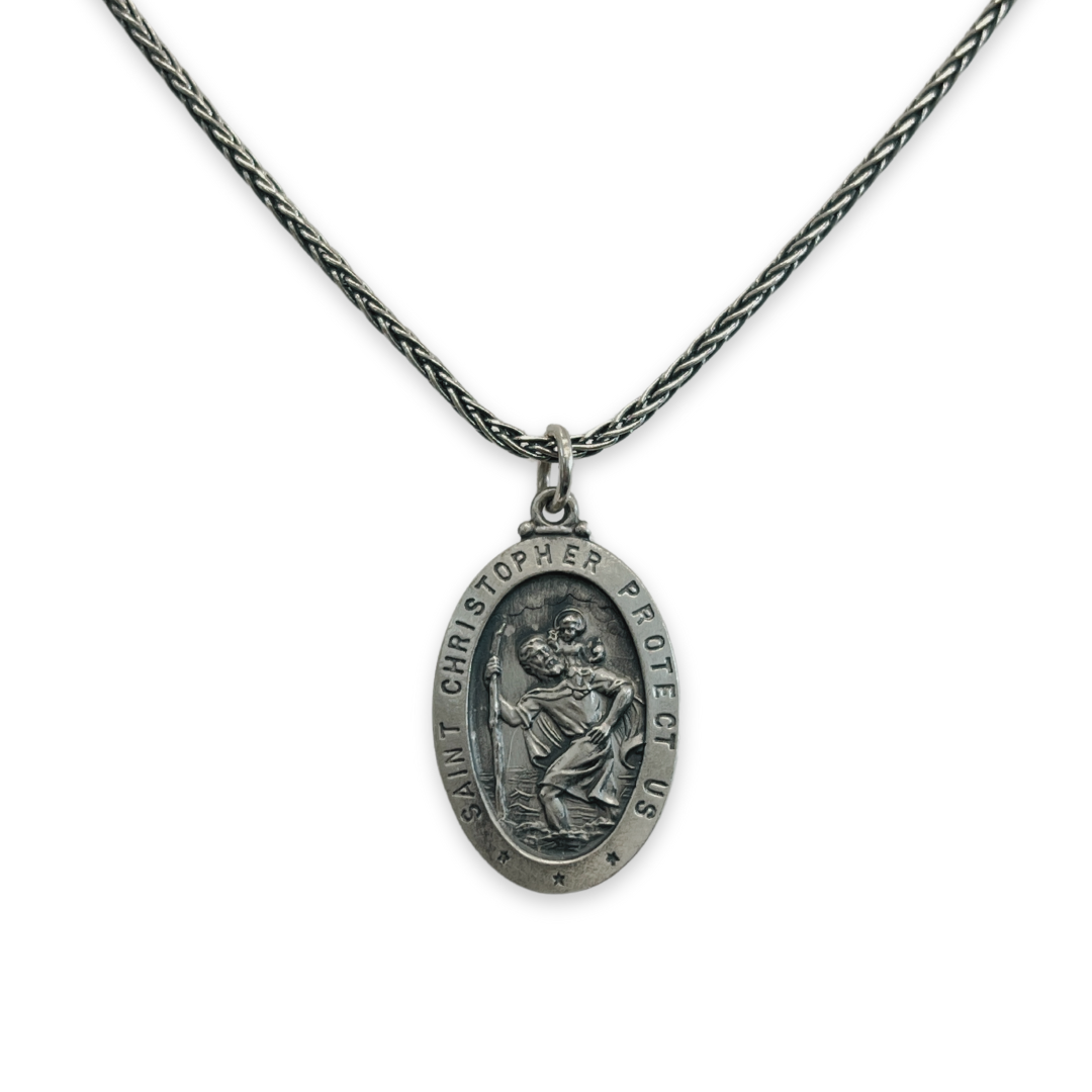 20" Large Antiqued Sterling St. Christopher Necklace