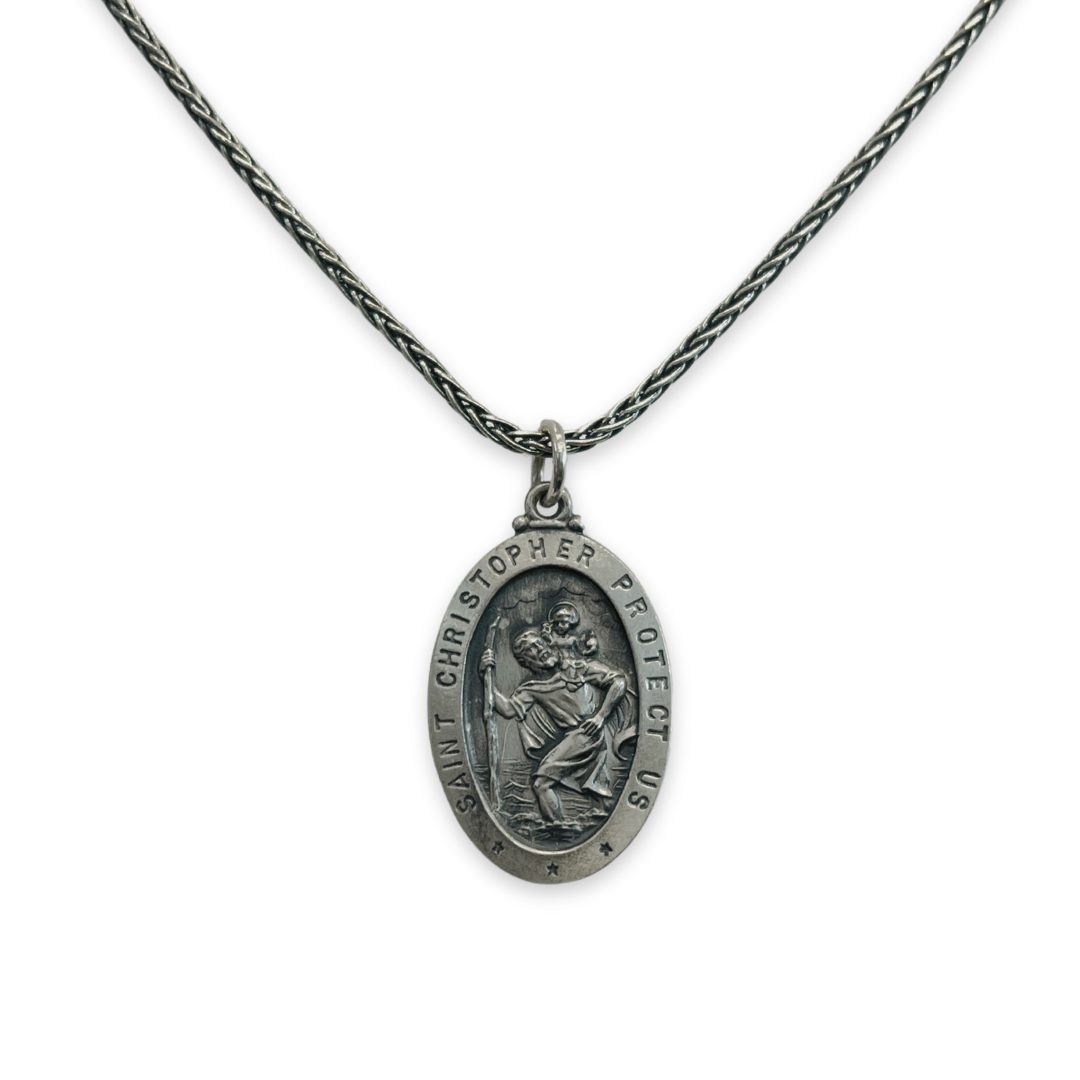 20&quot; Large Antiqued Sterling St. Christopher Necklace