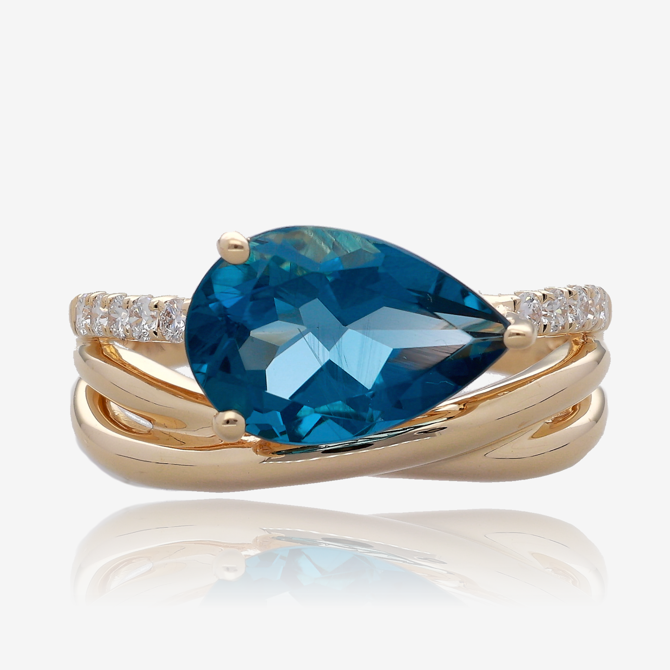 Pear Shaped London Blue Topaz and Diamond Multi Band Ring in 14K Yellow Gold