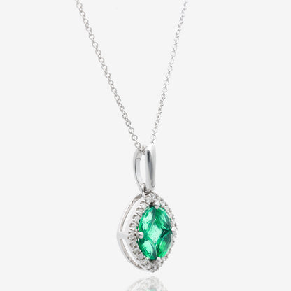 14K White Gold Radiant Clover Emerald and Diamond Pendant