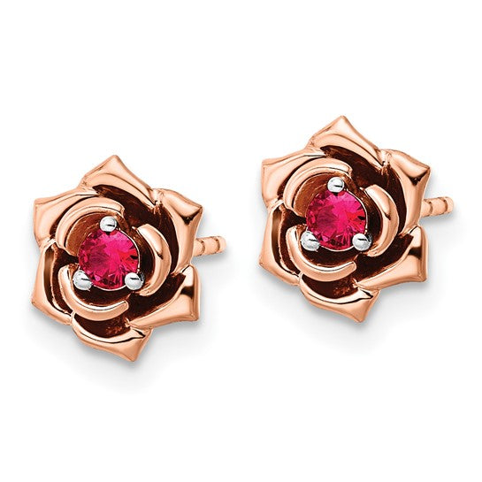 14K Two-tone White and Rose Ruby Flower Post Earrings