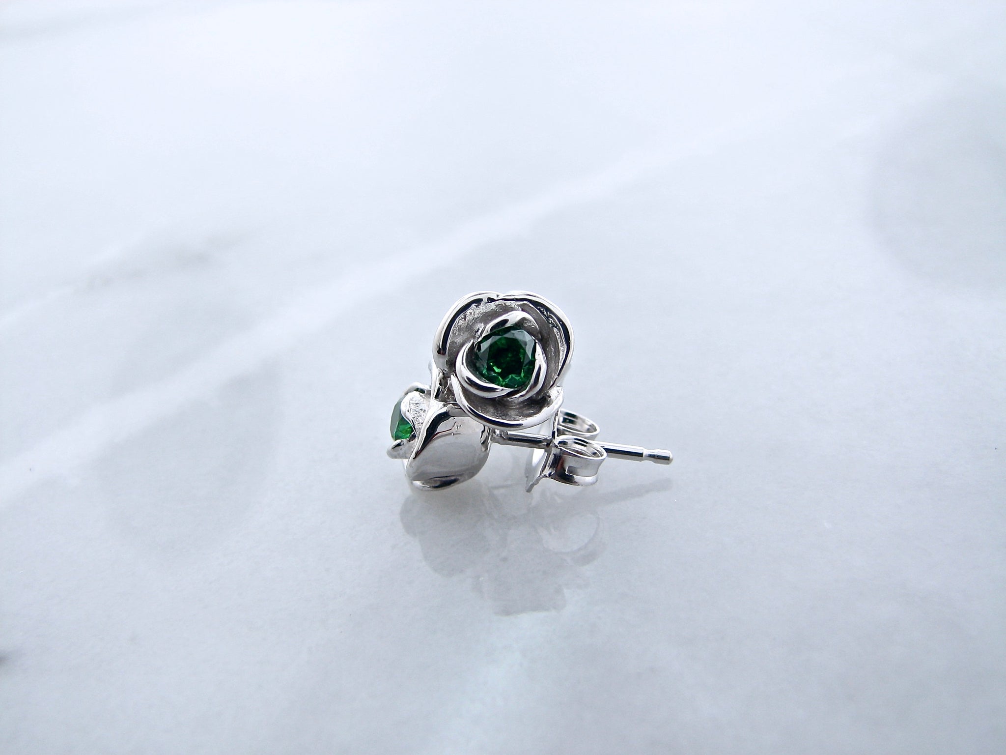 Silver Petite Rosebud Earring Studs Lab Emerald