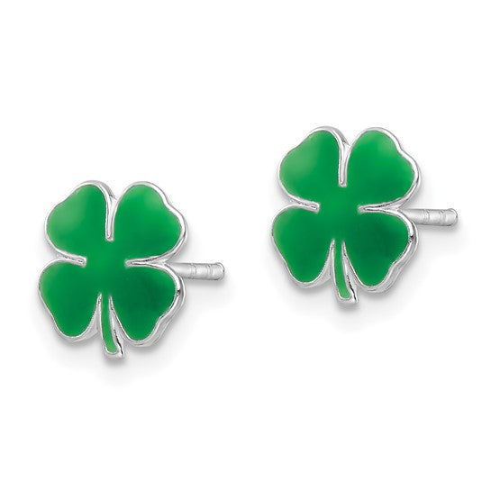 Lucky Four Leaf Clover Green Enamel Sterling Studs