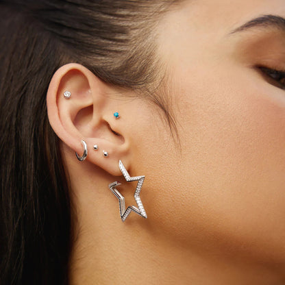 Silver Star-Shaped Pavé Hoop Earrings