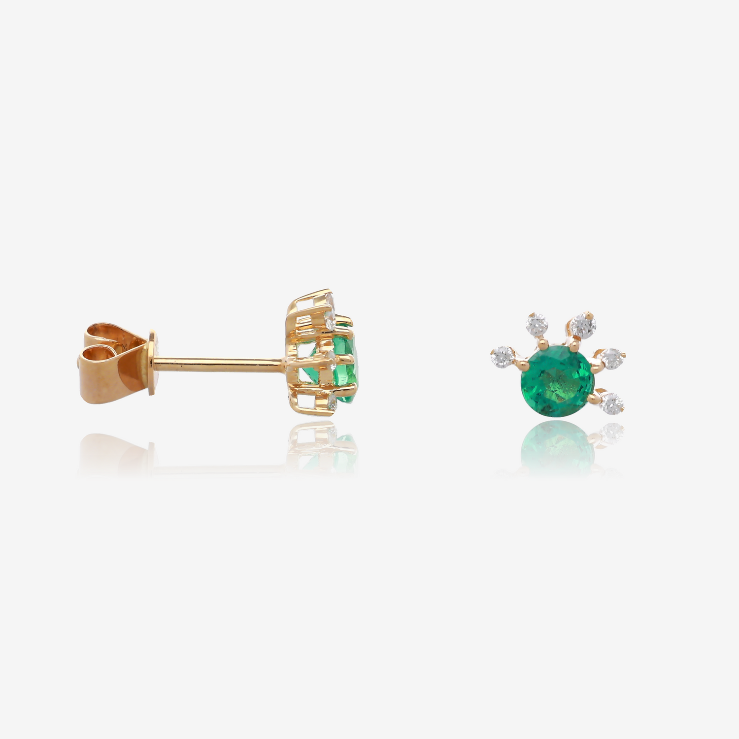 Emerald and Diamond Crested Stud Earrings in 14K Yellow Gold