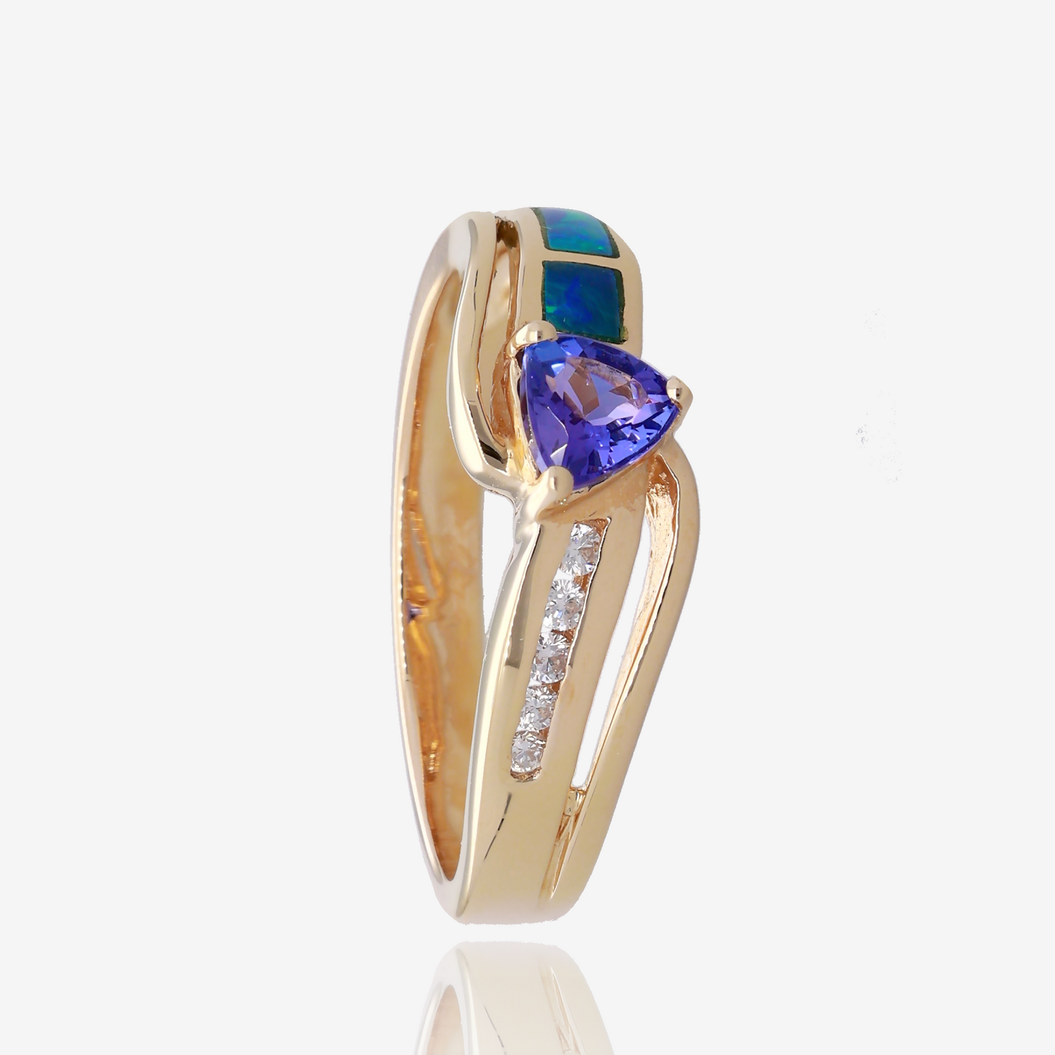 Trillion Tanzanite and Opal Inlay Diamond Bypass Ring in 14K Yellow Gold