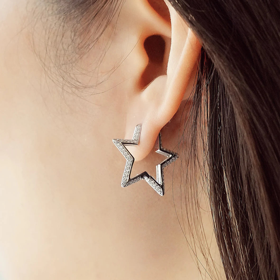 Silver Star-Shaped Pavé Hoop Earrings