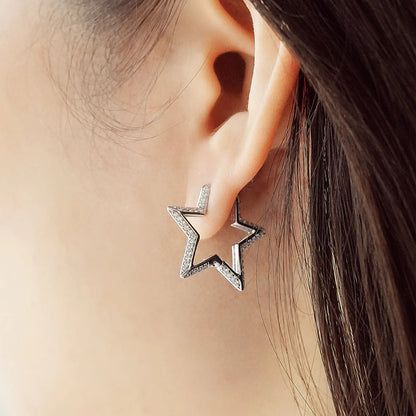 Silver Star-Shaped Pavé Hoop Earrings