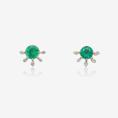 Emerald and Diamond Crested Stud Earrings in 14K Yellow Gold