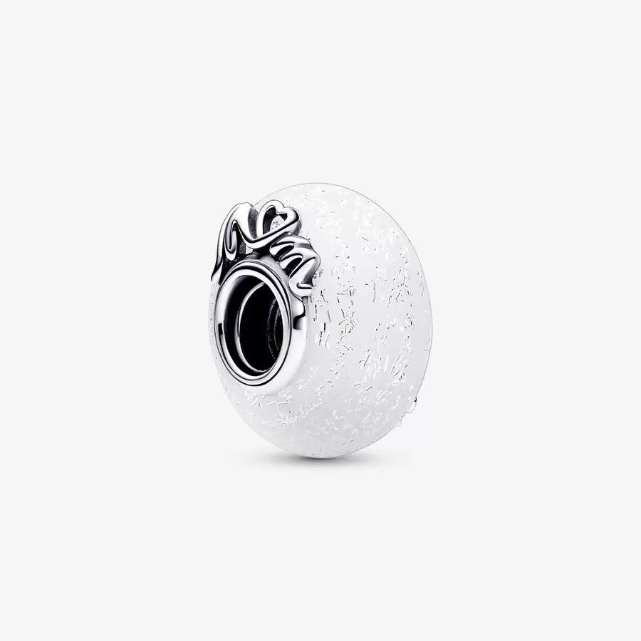 Glittery White Murano Glass Mom & Love Silver Charm