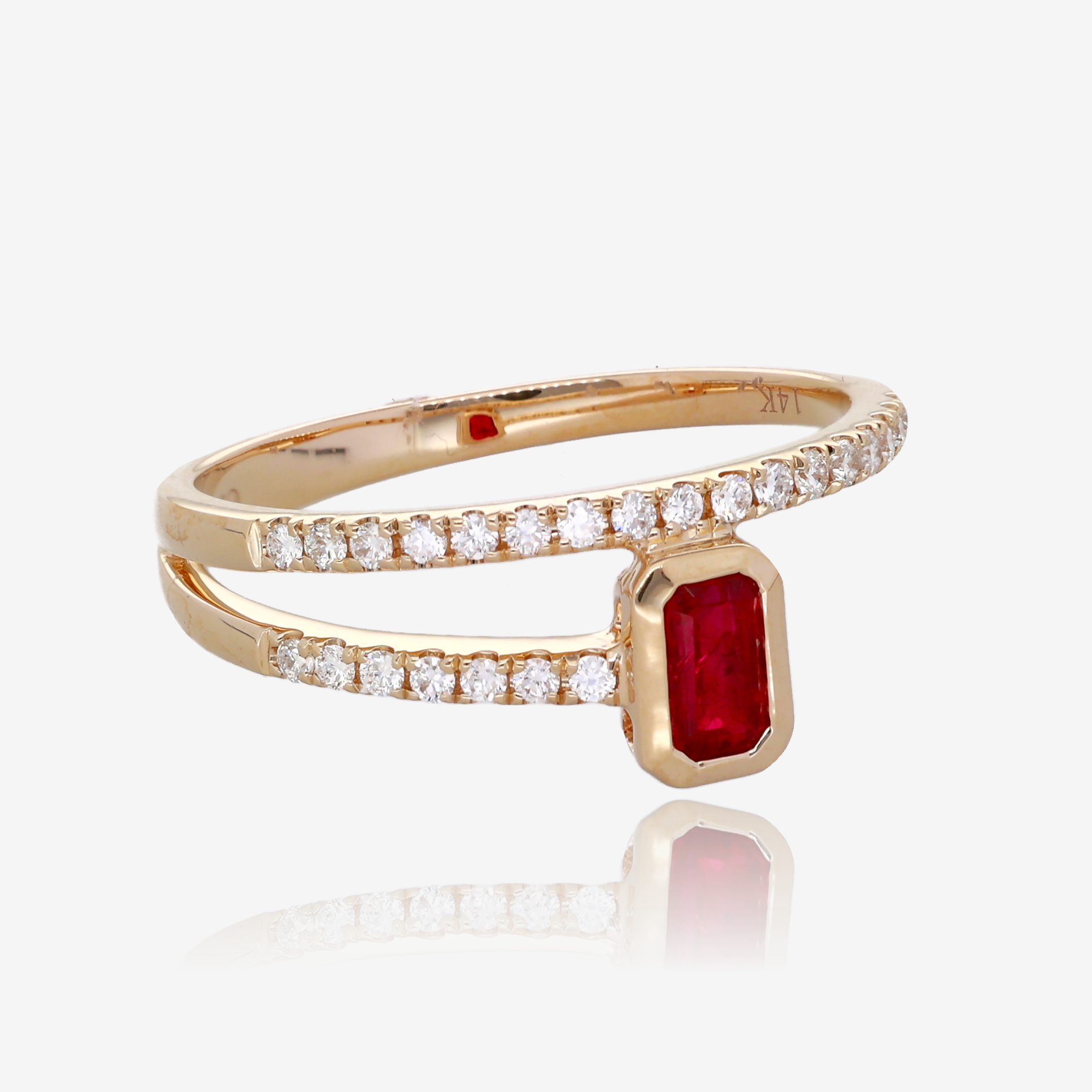 Emerald Cut Ruby and Diamond Bypass Ring in 14K Yellow Gold